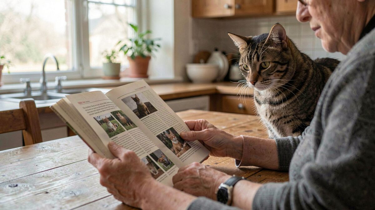 A person reading a printed breed journal at a wooden kitchen table, with a large tabby cat sitting nearby, soft morning window light, medium close-up framing.