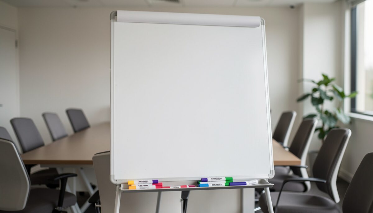 A whiteboard easel showing blank paper stands in a meeting room, coloured markers resting on its tray