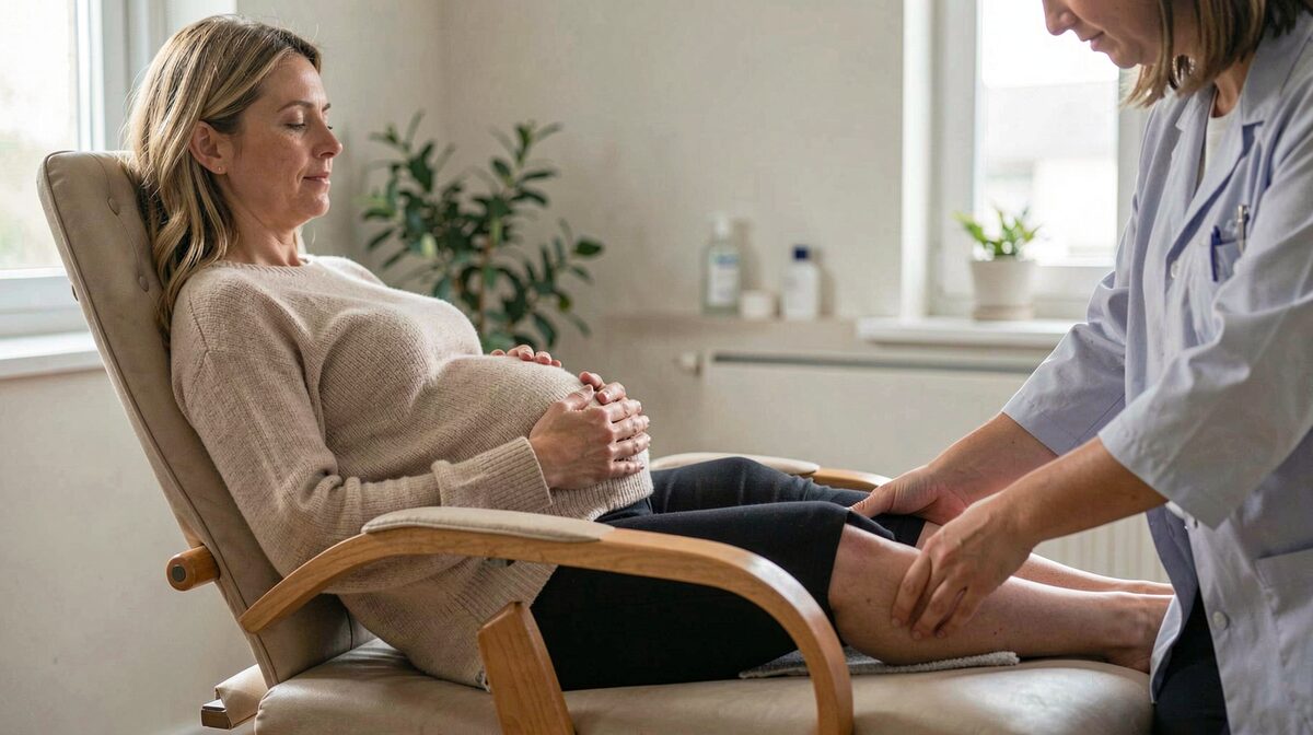 A calm treatment room in soft natural light, a pregnant woman reclining in a chair while a practitioner holds her foot, framed from the side at mid-height.