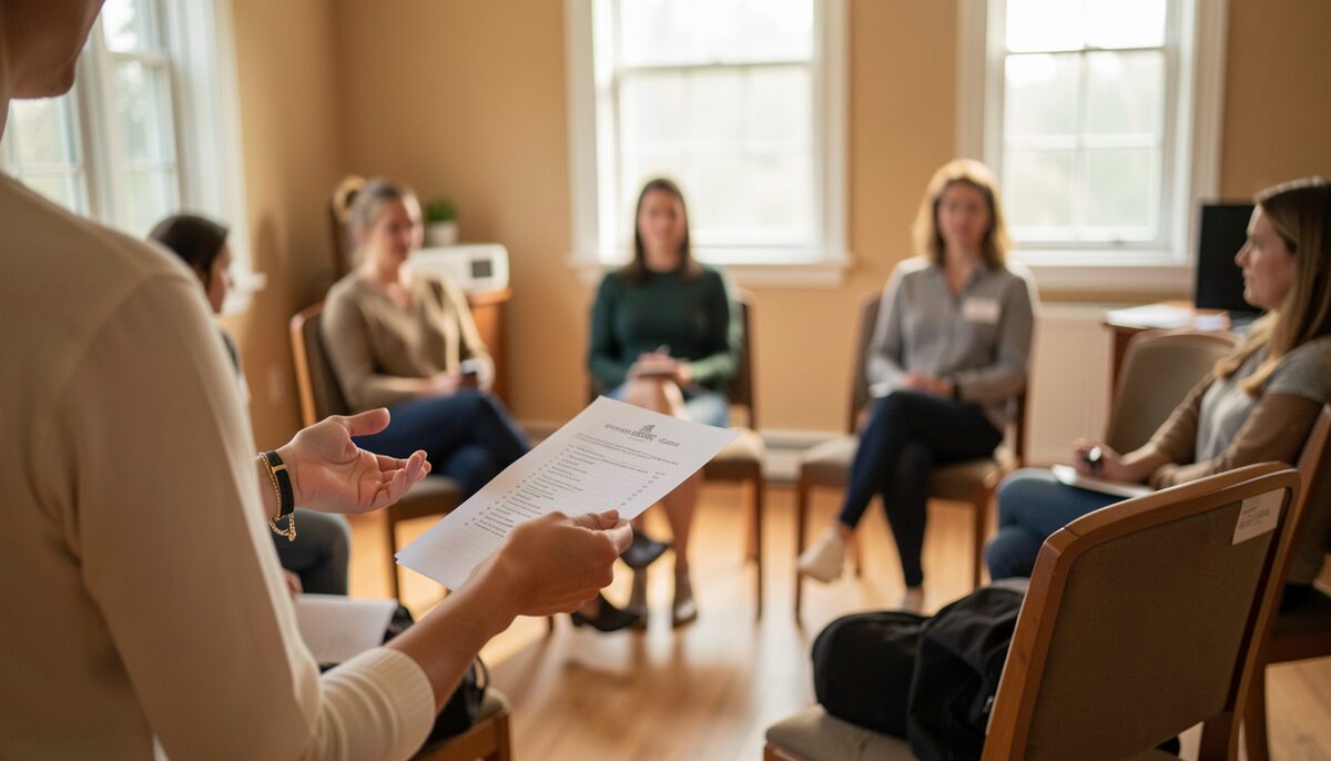 A facilitator holding a simple printed agenda, gesturing toward a circle of chairs in a warmly lit room