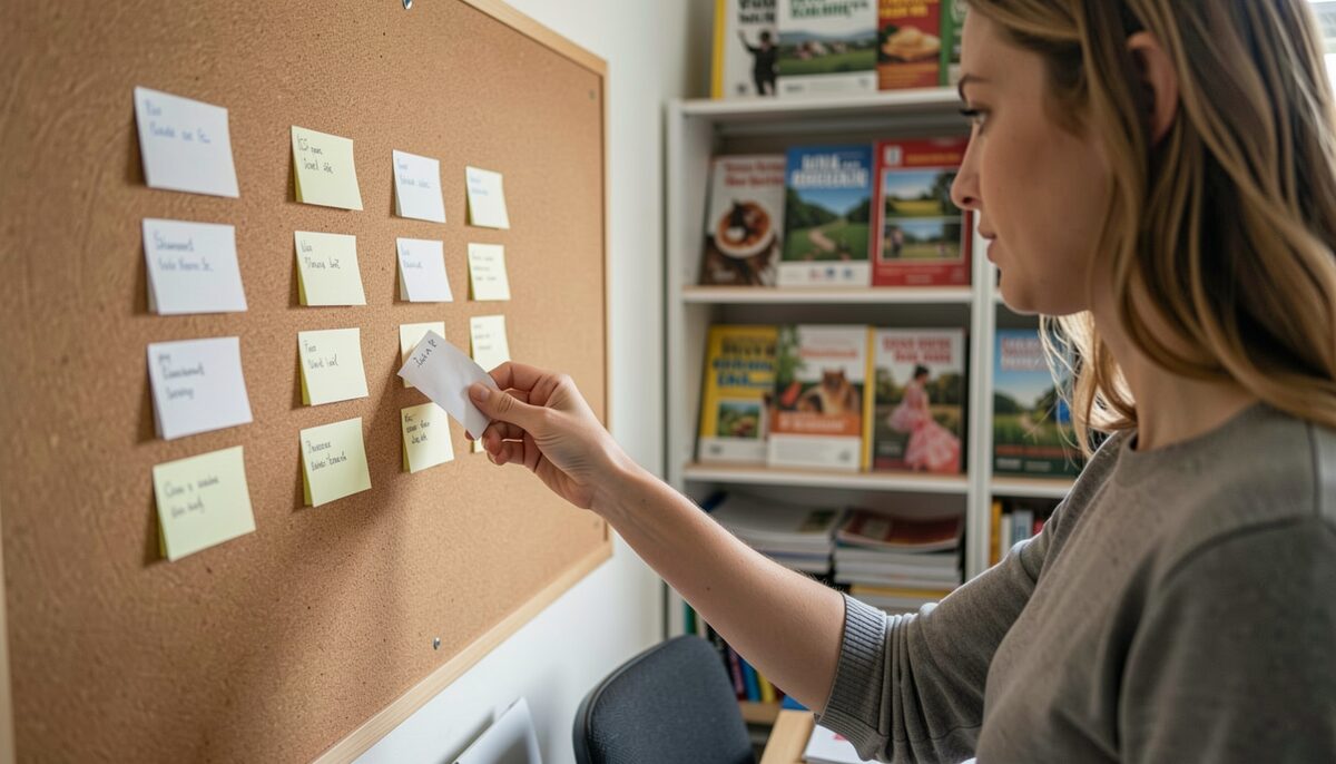A person arranging index cards on a corkboard in a small office, shelves of leaflets blurred behind them