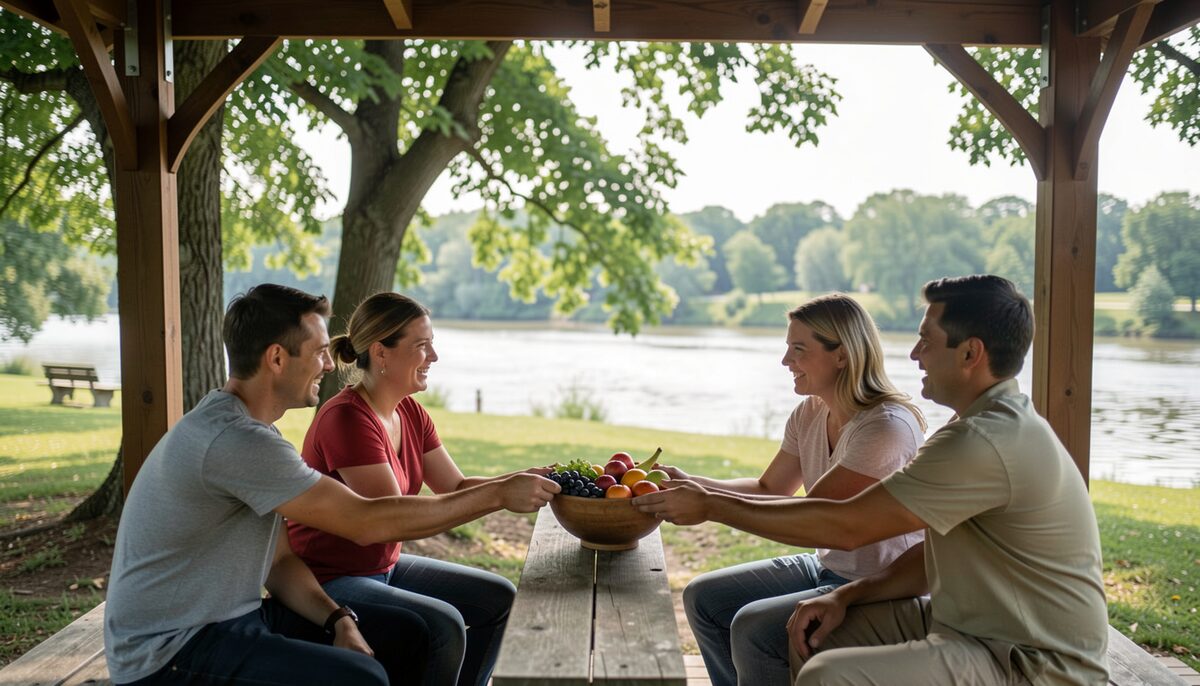 People seated in a park shelter handing around a shared bowl of fruit, trees and a river visible beyond