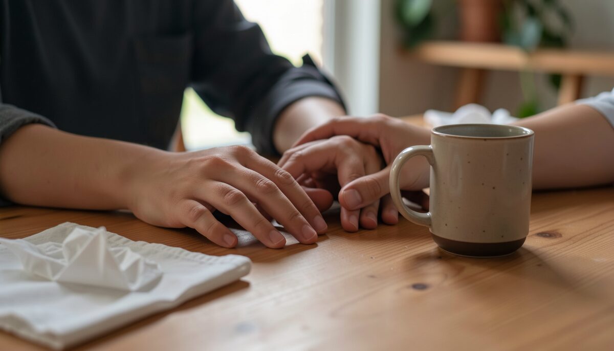 Close view of two hands resting on a wooden table beside a mug and a folded tissue, faces out of frame