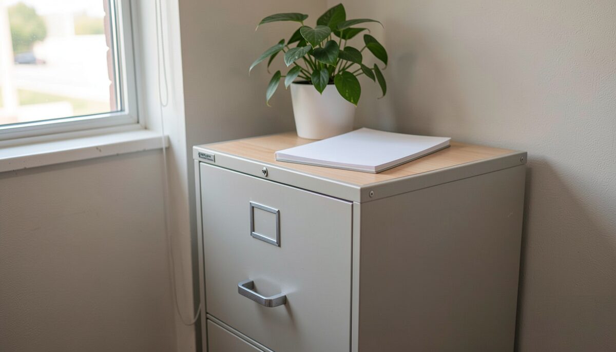 A locked filing cabinet in a corner of a community office with a plant on top and a blank notebook on the lid