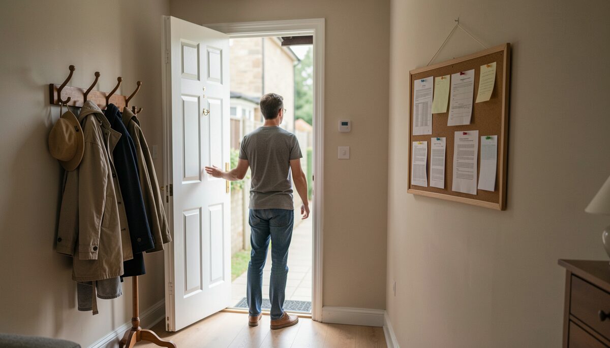 A person standing at an open doorway greeting a visitor, coat rack and noticeboard just inside the entrance