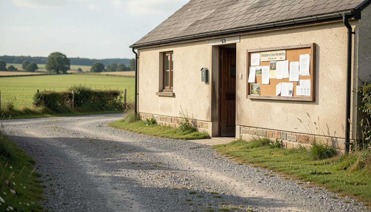 A gravel driveway leading to a small community hall with a noticeboard by the door, farmland in the background