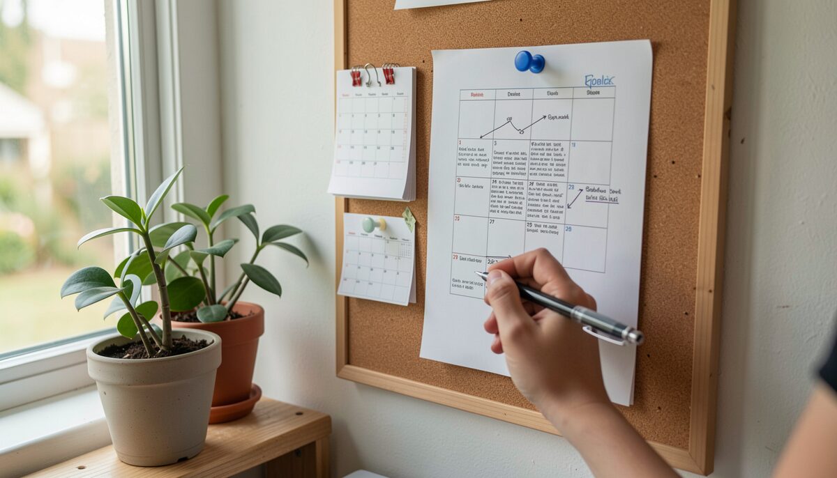 A rota sheet pinned to a corkboard beside a wall calendar and a potted plant, hands adjusting a pen