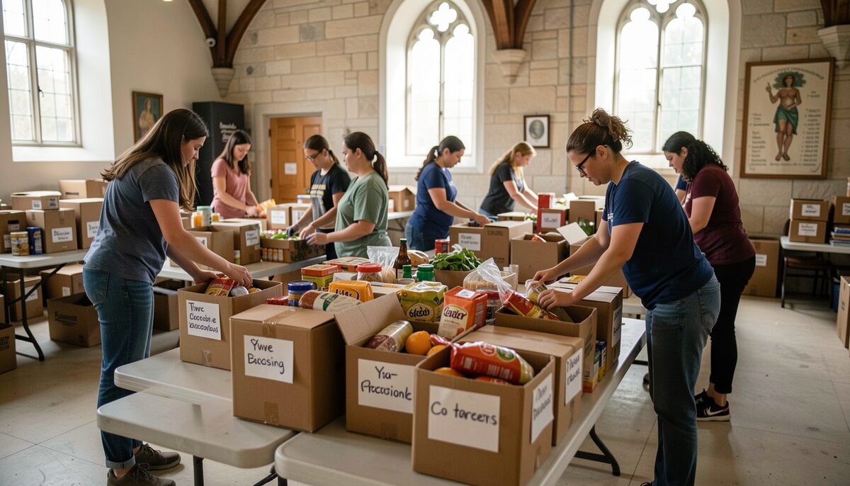 Volunteers sorting boxes of groceries on long tables in a church basement, handwritten labels on the boxes