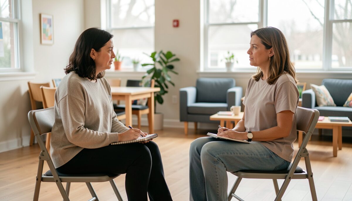 Two adults sitting on folding chairs facing each other in a bright community room, one listening attentively with a notepad on her knee